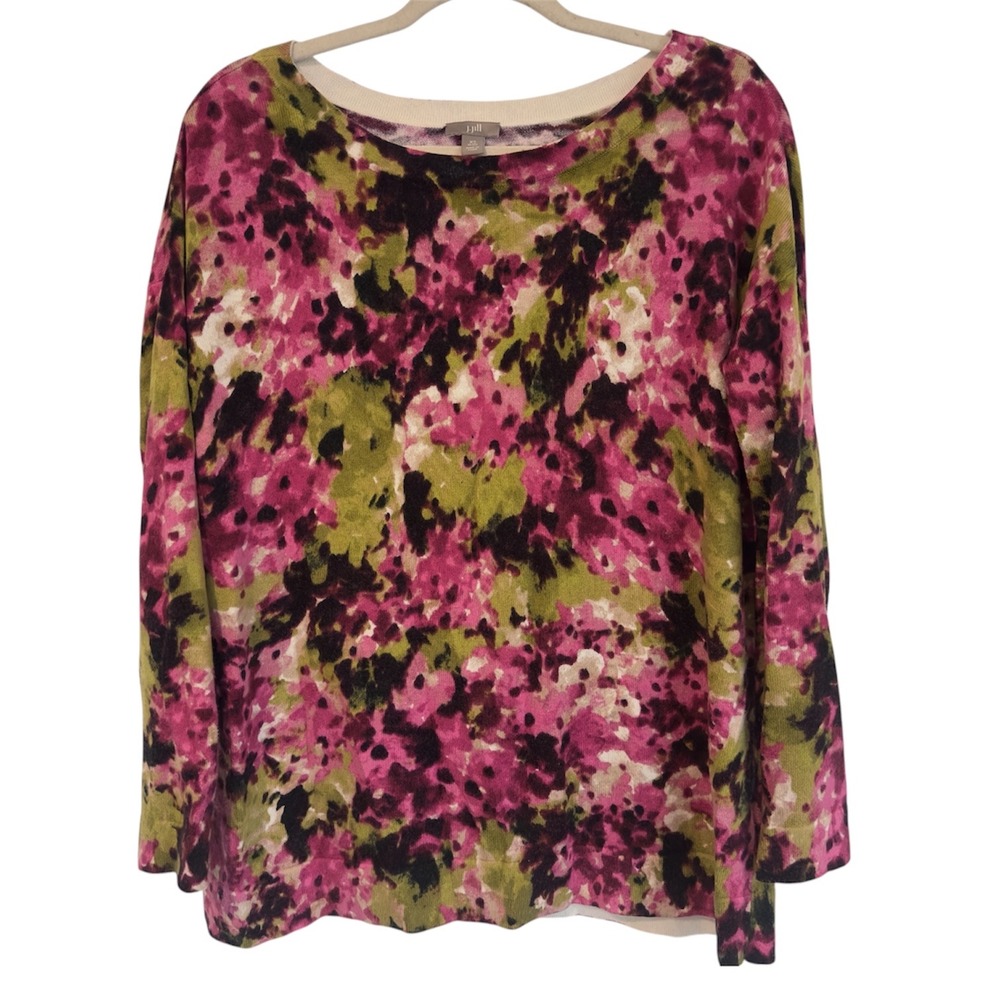 J. Jill Womens XS Petite Abstract Floral Watercolor Knit Sweater Pink Green Boho